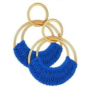 Blue Raffia Wrapped Circle Drop Earrings